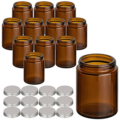 gouveo Lot de 12 pots à crème 150 ml en verre marron avec couvercle à visser Argenté – Boîte à crème vide à remplir – Petite boîte en verre pour crème, cosmétiques, lotion ou épices