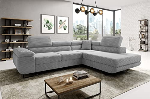 MODERNO Corner Sofa with Cord Sleep Function - Big Sofa ASTORP - Couch L Shape - Sofa Bed with Bed Box and Headrests - 277 x 203 x 100 cm - Right - Grey - Poso 55