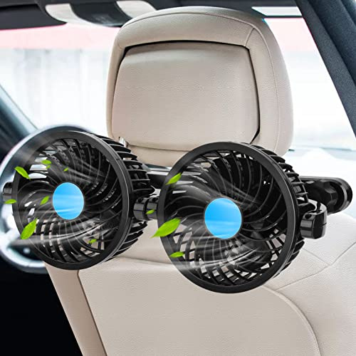 Aceshop Ventilator für Auto, 12 V, Doppelkopf, Ventilator, Autositzventilator für hinten, 12 Geschwindigkeitsstufen, leise, 360° verstellbar, Kabel 2,3 m