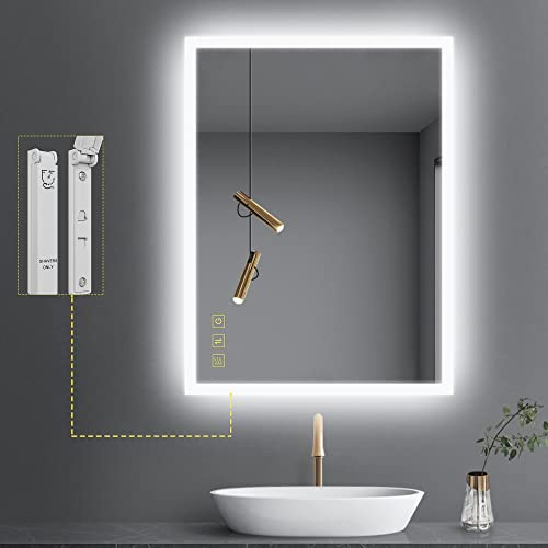 AI-LIGHTING Badspiegel mit Beleuchtung 45×60 cm Badezimmerspiegel mit Licht und Rasiereranschluss/Beschlagfrei / 3 Lichtfarben/Dimmbar Energiesparend Beleuchteter Spiegel Lichtspiegel