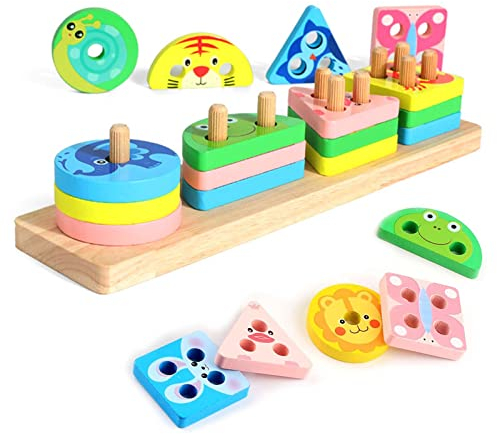Lukinuo Montessori Spielzeug ab 1 2 3 Jahre Holz Sortier Stapelspielzeug Steckpuzzle für Jungen Mädchen Formsortierer Building Block Puzzles Farberkennung pädagogisches sensorisches