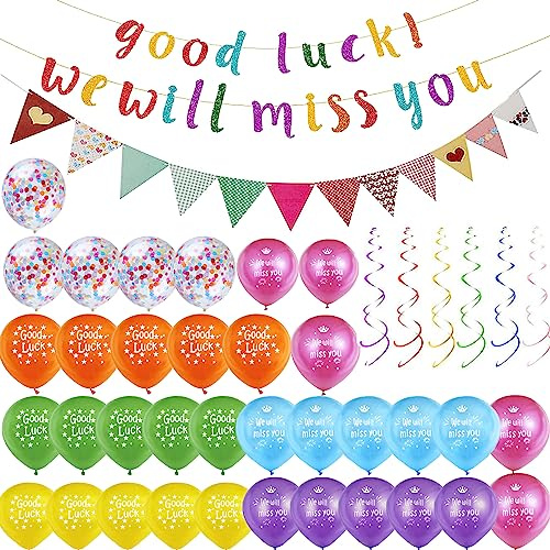 Décoration de fête d'adieu - Nous vous manquerons - Décoration We Will Miss You - Bannière Good Luck - Paillettes multicolores - Triangle - Guirlande de fanions multicolores - Pour remise de diplôme,