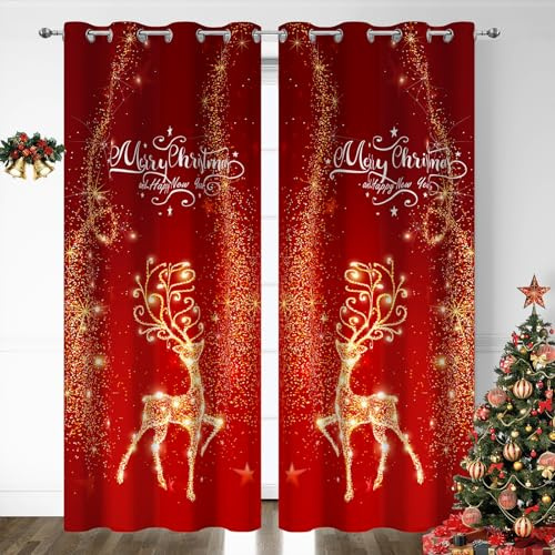 YOSTEV Red Christmas Curtain for Living Room 2 Panel Set, Red Xmas Velvet Window Curtains 84 Inch Long, Sparkle Reindeer Snowflake Thermal Insulated Room Darkening Decoration Curtains, 52x84 Inch