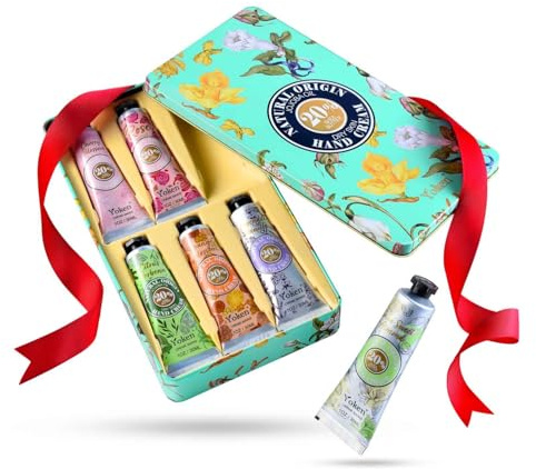 Yoken 20% Shea Butter Hand Cream Gift Set, Instant Soothing Moisturizing Hand Cream for Women Nourishes Dry Hands, 6-Piece Delicate Tin Gift Set Almond, Citrus Verbena & Floral-Scented, 6 x 1 OZ
