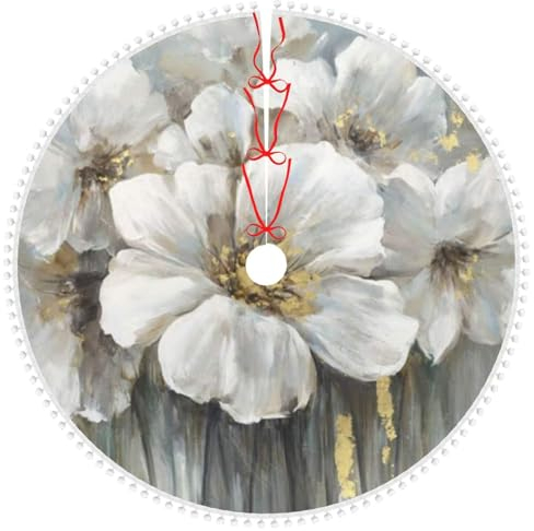 Weihnachtsbaumrock mit Bommelbesatz, weißer Lilienstrauß, bedruckt, Weihnachtsbaumschmuck, Bauernhaus, Weihnachtsbaummatte für Weihnachten, Neujahr, Urlaub, Innen- und Außendekoration