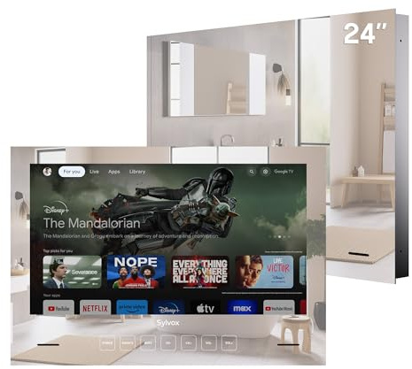 SYLVOX Spiegel Fernseher für Bad 24 Zoll, IP65 wasserdichte Magic Mirror TV | 1080P Google TV, Hotspot & WiFi, 500 Nits Helligkeit Doppelte Lautsprecher, 12V Smart TV für Hotel Gym Sauna(Eingebettet)