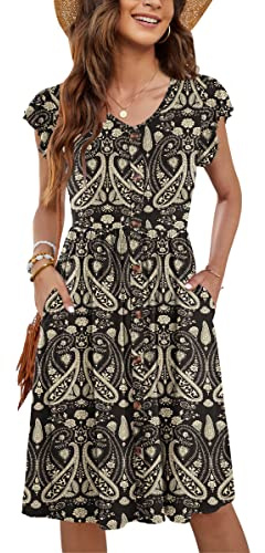 MOLERANI Femmes Robes d'été Manches V Cou Décontracté Swing Taille élastique avec Poche Robe De Midi pour Les Femmes S-2XL