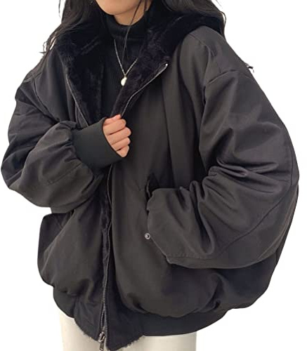 Onsoyours Winterjacke Damen Wintermantel Auf Beiden Seiten Parka mit Fell Kapuze Fleece Warm Gefütterter Doppelseitige Winter Jacke Mantel Outdoorjacke A Schwarz S