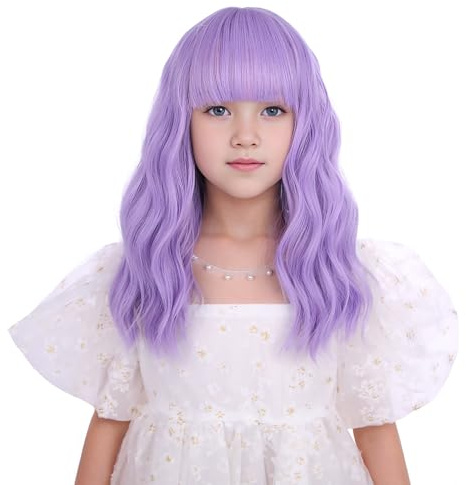 Parrucca per bambini viola chiaro corto viola con frangia per ragazze riccia corta ondulata sintetica resistente al calore con cappuccio parrucca