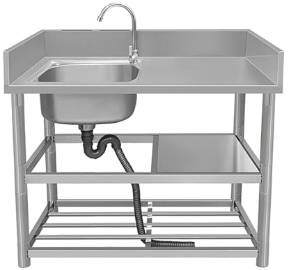 Stainless Steel Kitchen Sink Commercial Sink Single Bowl 304 Stainless Steel Commercial Kitchen Sinks with Faucet and Storage Shelves with Workbench and Drainer Unit for Outdoor Indoor Restaurant (Co