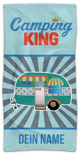 Print Royal PR Personalisiertes Handtuch für Camper mit Spruch - Camping King - mit Name Bedrucken | Camping Badetuch selbst gestalten, Individuelles Fotogeschenk für Campingfreunde - 100 x 50 cm