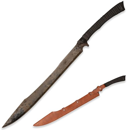 LQZJG 0168 Handgemachte Guss Mangan Stahl 52HRC Weidenblatt Schwert scharfe Machete, Full Tang, im Freien, Jagd, Camping, Wandern, Überleben, Lederscheide, 34.3 Zoll