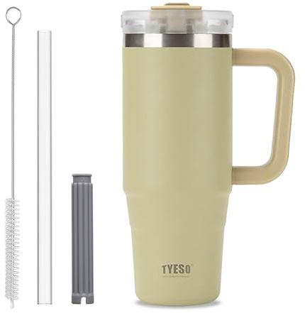 Kaffekupps resemugg med handtag, 30 oz tumbler med låsbart lock, vakuumisisolerad vattenflaska i rostfritt stål med halm, läcksäker och bärbar resemugg för varma och kalla drycker (ljus khaki)