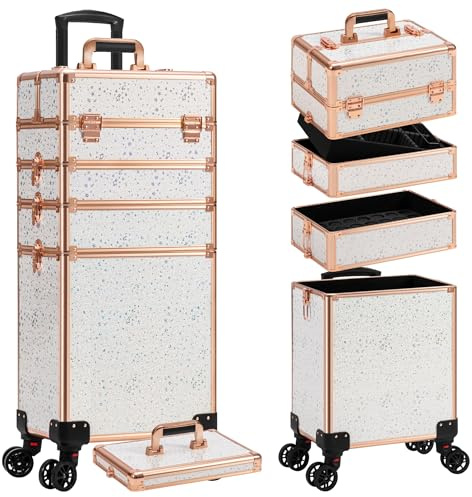 AROUS Rullande makeupfodral stor förvaring kosmetisk vagn 5 i 1 stor kapacitet vagn makeup resväska med nyckel svängbara hjul salong frisörväska resevagn bagageutrymme, svart, Vitt, Mode