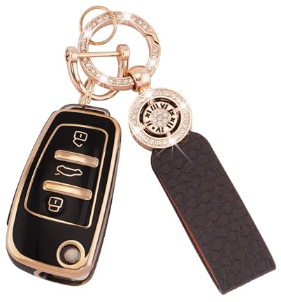 Autoschlüssel Hülle für Audi Zubehör 3 Tasten TPU Schlüsselhülle | für Audi A1 A3 A4 A6 A8 Quattro Q2 Q3 Q7 S3 S6 RS3 RS6 R8 TT TTS Auto Schlüsselcover mit Schlüsselanhänger Schwarz Gold