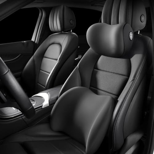 Car Lumbar Support Pillow and Car Neck Pillow Kit, Ergonomische Kopfstütze und Lendenkissen für Autositze, Memory Foam Sitzkissen Auto, Lendenwirbelstützkissen mit verstellbarem Riemen (Schwarz)