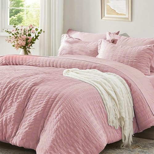 Luofanfei Seersucker Bettwäsche 200x200 Gestreift Sommer Rosa Bettbezug | Kühlende Uni Muster Microfaser Atmungsaktiv Leicht Wende Bettwäscheset und Kissenbezüge 80x80cm mit Reissverschluss Bügelfrei