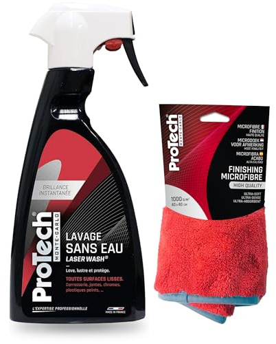 ProTechMC | Pack Nettoyant sans Eau + Microfibre1k pour Voiture | Toutes Surfaces Lisses | Produit Lave Vitres, Carrosserie, Plastiques Peints, Jantes | sans Rinçage | Made in France | 500 ML