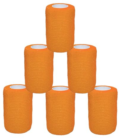 6 Rouleaux Bandage Autoadhésif Bande Cohésive Elastique Compresses non Tissées Strapping Immobilisation pour Poignet Genou Cheville Pied et Main 7,5 cm x 4,5 m (Orange)