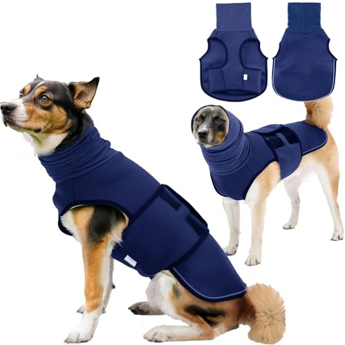 TOPSOSO Cappotto Anti Ansia per Cane con Copricapo Cappelli Giacca per Ansia per Cani Mesh Traspirante Cinghia con Chiusura a Strappo Regolabile Strisce Riflettenti Calmare L'ansia del Cane (Navy XS)