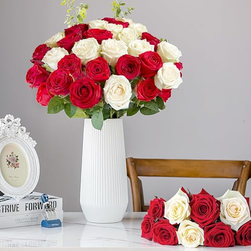 20 rosas artificiales con tallos largos, flores de seda realistas, ramo de rosas falsas de tacto real para decoración del hogar, centros de mesa de boda, fiesta, novia, flores de rosas sintéticas a