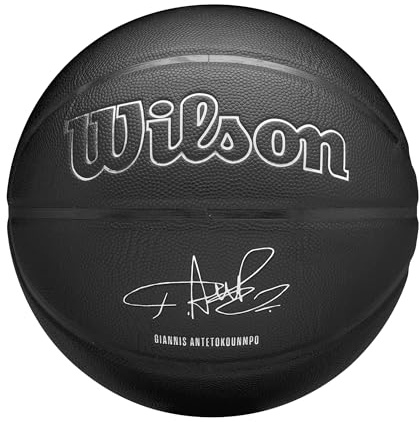 Wilson NBA Player Evergreen Basketball, Mit Pure Feel Bezug, Ideal Für Spiele Im Freien, Wetterfest, Spieler: Antetokounmpo, Farbe: Schwarz, Größe: 7