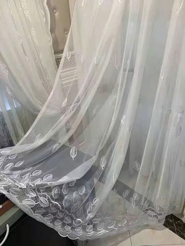 Querbehang Gardine Kurz Kurzgardine 2er Set Weiß Voile Blätter Gestickt H115 x B86 cm (2er Pack) Gaze