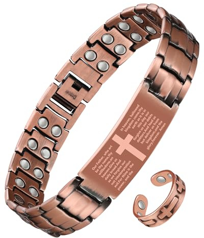 Jecanori Copper Cross Bracelet & Ring for Men, 2X Strength Magnetic Bracelets for Men, Adjustable Copper Jewelry with Sizing Tool
