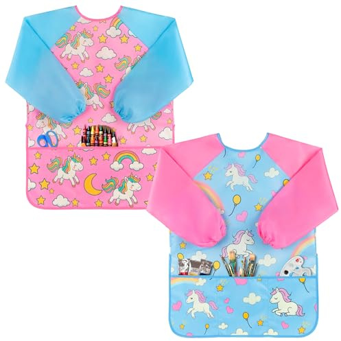 Oiomniv Kids Painting Smock for Ages 3-8 – Waterproof Art Apron with Long Sleeves & 3 Pockets, Toddler Craft Smock for Painting Baking DIY, Washable Preschool Art Supplies Gift for Boys Girls