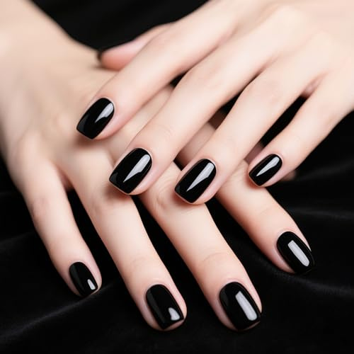 Axvxby 24 Stück Press On Nails Nägel zum Aufkleben Schwarze Kunstnägel Halloween Künstliche Fingernägel Vollcover Fake Nails für Frauen (Schwarz, Kurz)