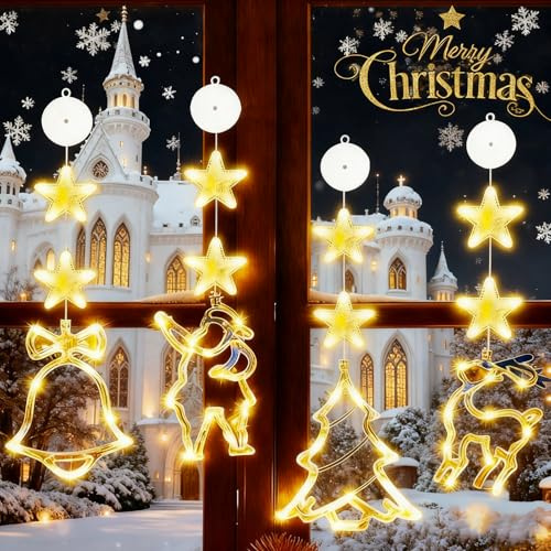 BBLTIFF 4 Piezas Luces Navidad para Ventana, Luz de Ventana Navidad para Colgar en La Ventana Con 3 Modos, Ventosa y Gancho, Alimentado por Batería, Decoración Navideñas Interior (Blanco Cálido)