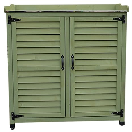 Outdoor Potting Bench & Garden Tool Storage Cabinet with Metal Tabletop Double Doors Wooden Workstation for Patio & Garden - Outdoor Storage Solution