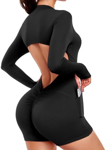 STARBILD Women's Short Jumpsuit with Pockets Backless V Scrunch, Long Sleeve with Thumb Holes, Front Zip Playsuits Cutout Back, One Piece Rompers Booty Lift with Removable Pads