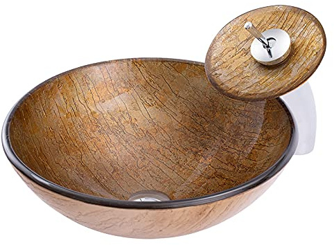 PUFAHAU Lavabo De Salle De Bain en Verre Trempé, Lavabo Rond Marron À Poser, Vasque Artistique avec Robinet Cascade Et Bonde Escamotable