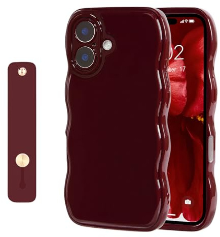 NITITOP Coque pour iPhone 17 Uni Ondulée avec Dragonne, Vine Rouge | avec Ajustable Poignée de Maintien, Mignon et Simple Design, pour Filles Femmes, Souple Silicone, Housse de Protection