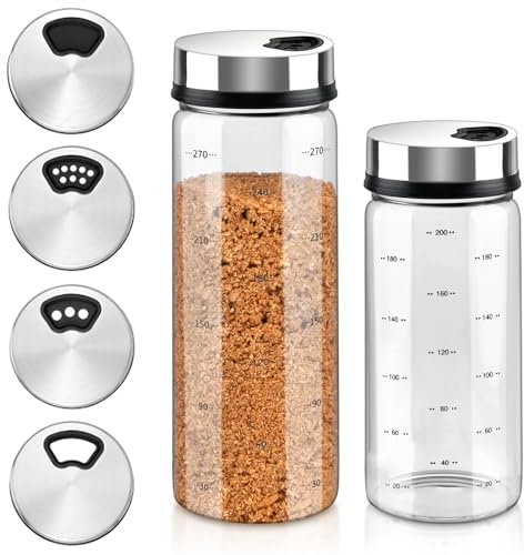 CAIYUANGUANGJIN 2Pcs 200ml/300ml Salt Pepper Shakers, Heat-Resistant Glass Spice Jar with Adjustable Pour Holes, Moisture Resistant Salt Dispenser Seasoning Shakers for Kitchen BBQ Camping Farmhouse