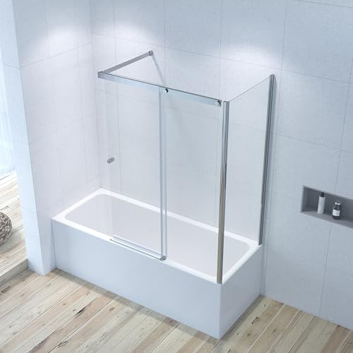 AQUABATOS Duschwand Glas Badewanne Ecke mit Schiebetür 110 x 70 x 150 cm Badewannenaufsatz mit Seitenwand Duschabtrennung 6 mm ESG-Sicherheitsglas klar NANO-Beschichtung Duschschiebetür Chromoptik