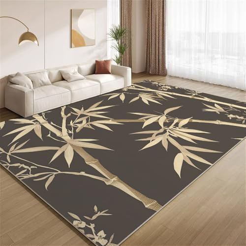 Beiger Bambus Teppich Wohnzimmer 140x200cm Grauer Chinesischer StilWaschbarer Teppich,Kurzflor,rutschfest,Pflegeleicht,Kinderzimmer,Schlafzimmer,Büro