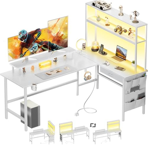 DLONGONE 150 x 100 cm L Shaped Gaming Desk with LED Lights & Power Outlets | Reversible Computer Desk with Storage Shelves, Corner Desks with Drawer, Monitor Stand and Hooks for Home Office, White