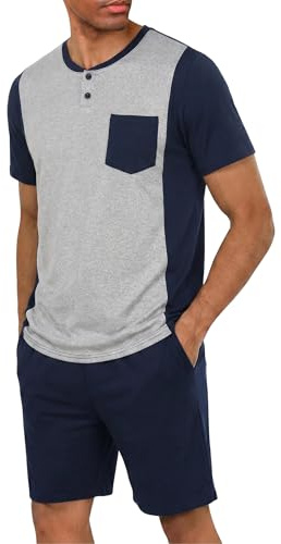 Jahetuul Pijama Hombre Verano de Algodón Pijama Corto Hombre de Cuello Redondo con Camiseta Bicolor y Bolsillos Pijamas y Ropa de Estar en Casa