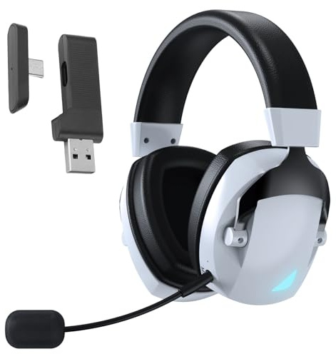 VELATEMOR Cuffie da Gioco Wireless, Cuffie Bluetooth 5.4 da 2,4 GHz con Cancellazione del Rumore, Luce RGB, Audio Surround 7.1, Jack da 3,5 Mm, Driver da 50 Mm (bianco e nero)