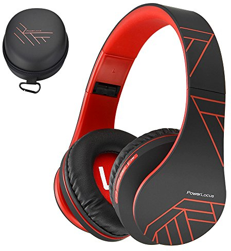 PowerLocus P2 – Auriculares Bluetooth inalambricos de Diadema Cascos Plegables, Casco Bluetooth con Sonido Estéreo Micro SD/TF, FM con micrófono y Audio Cable para Movil, PC, Tablet - Negro/Rojo