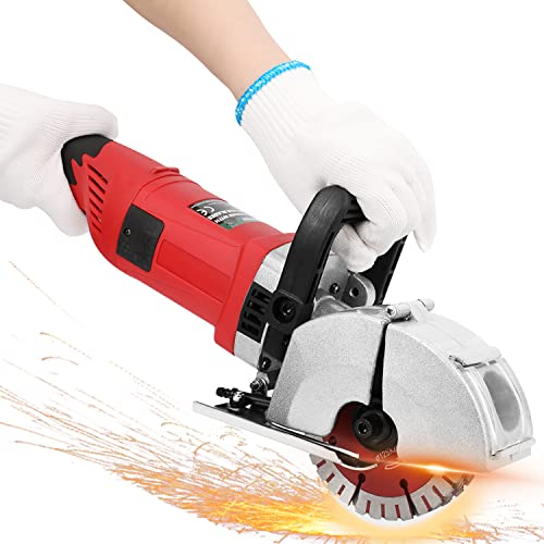 Huanyu Electric Wall Chaser Grooving Cutting Machine Brick Slotting Max Power 4000W,7500rpm, Max Depth and Width 1.5x1.6, Dust-Free with Water Pump, 5pcs 125mm Saw Blades for Concrete Marble