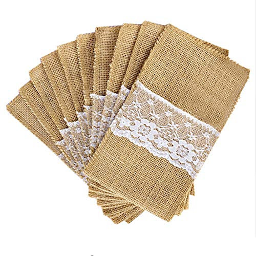 Egurs 10 Stück Jute Bestecktaschen Besteckbeutel Sackleinen Besteckhalter mit Spitze Vintage Hochzeitsdeko Tischdeko für Hochzeit Party Vintage Deko