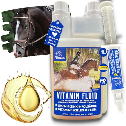 EMMA® Vitamin Liquid plus Booster I Saving set I B vitaminer för häst, B12, B6, B2, B1 I Vitamin E, A, D Selenium, Zink, mineraler 1 Booster 30 ml + 1 L