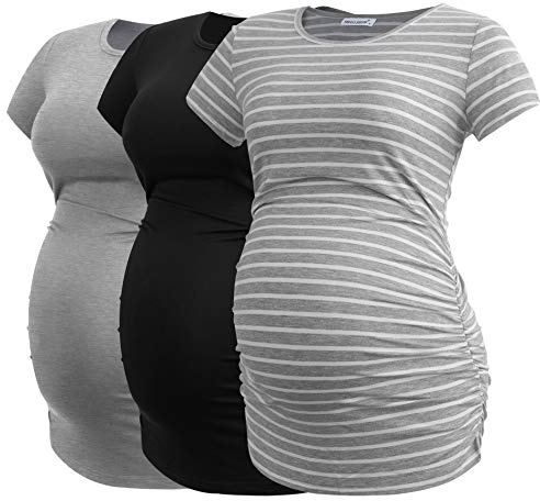 Smallshow graviditet kläder toppar sida Ruched graviditet kläder för kvinnor 3-Pack Black/Grey/Grey Stripe L