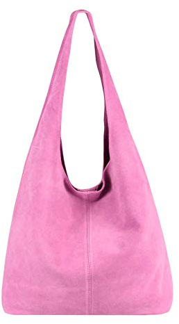 OBC Made in Italy Damen Leder Tasche Shopper Schultertasche Hobo-Bag Henkeltasche Beuteltasche Handtasche Reise (Rosa (Wildleder))