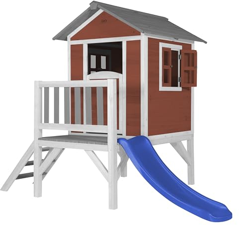 AXI Beach Lodge XL Casetta rosso con scivolo blu | Casa per bambini su palafitte con veranda in legno FSC | Parco giochi per il giardino.