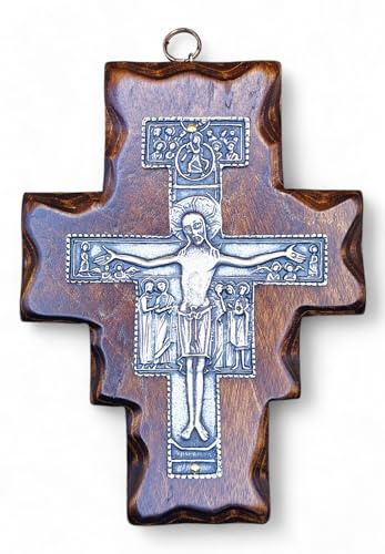Crocifisso da Parete - Croce San Damiano - Artigianale Made in Italy Cristo e INRI Placcati Argento 999 - Crocifissi da Parete in Legno, Cura e Precisione dei dettagli di Gesù Crocifisso - 14X10,8cm