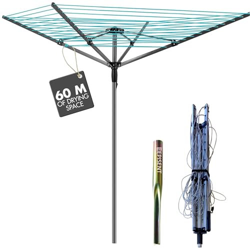 EPISENT 4-Arm 60M Rotary Washing Line – Heavy Duty Outdoor Clothes Airer with Ground Spike | Adjustable Height, Non-Slip Lining, Foldable Whirligig Dryer Umbrella System for Garden & Patio Use